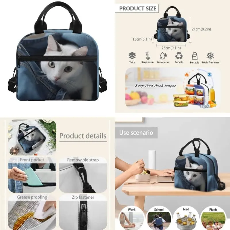 Kawaii Jeans Kitten 3-Pcs School Backpack,Cute Cat Kitty Daypack Set Durable Denim Pocket Animal Knapsack Waterproof Lunch Bag Pencil Bag Fits 12" Laptop Canvas Bag
