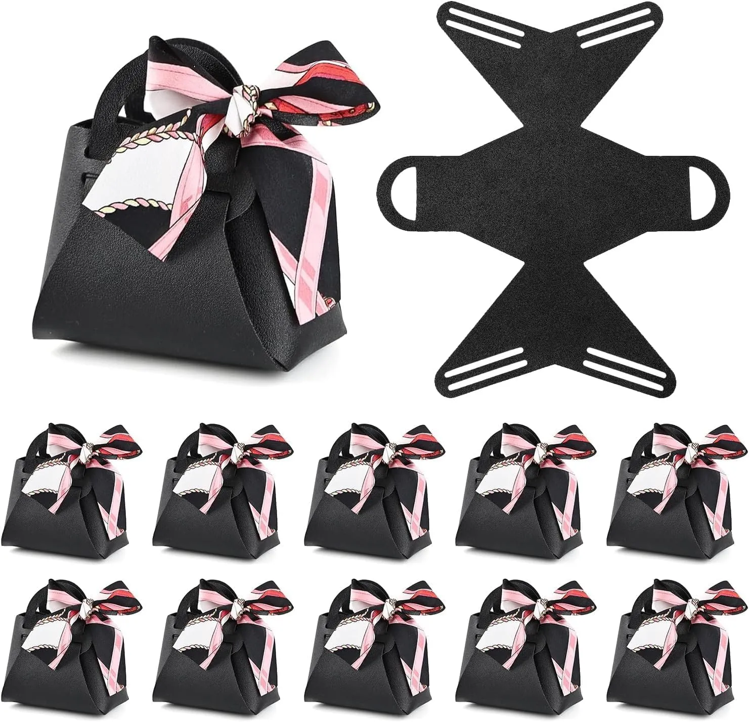 KAZIPA 12 Pack Leather Wedding Candy Gift Bags with Handle Reusable Party Favor Boxes for Baby Showers,Birthday,Christmas,Halloween,First Communion (Black)