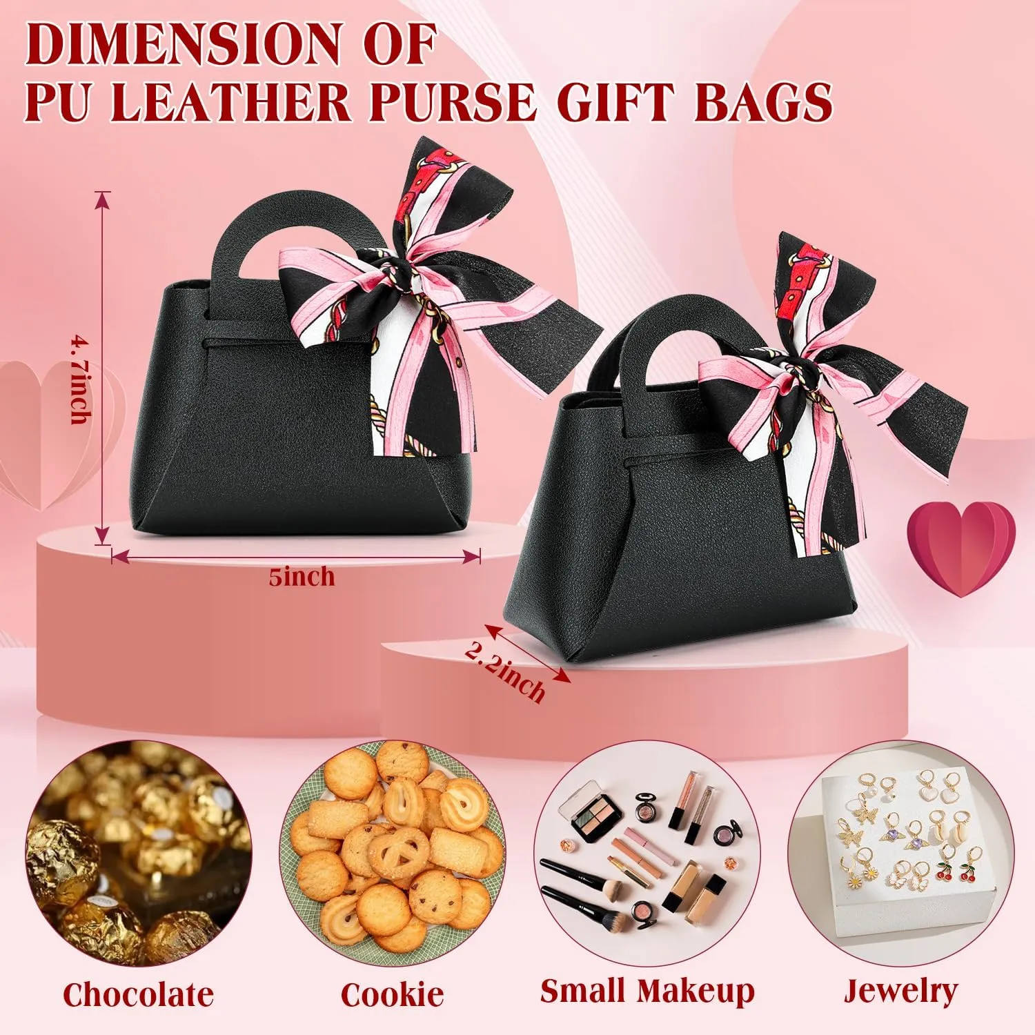 KAZIPA 12 Pack Leather Wedding Candy Gift Bags with Handle Reusable Party Favor Boxes for Baby Showers,Birthday,Christmas,Halloween,First Communion (Black)