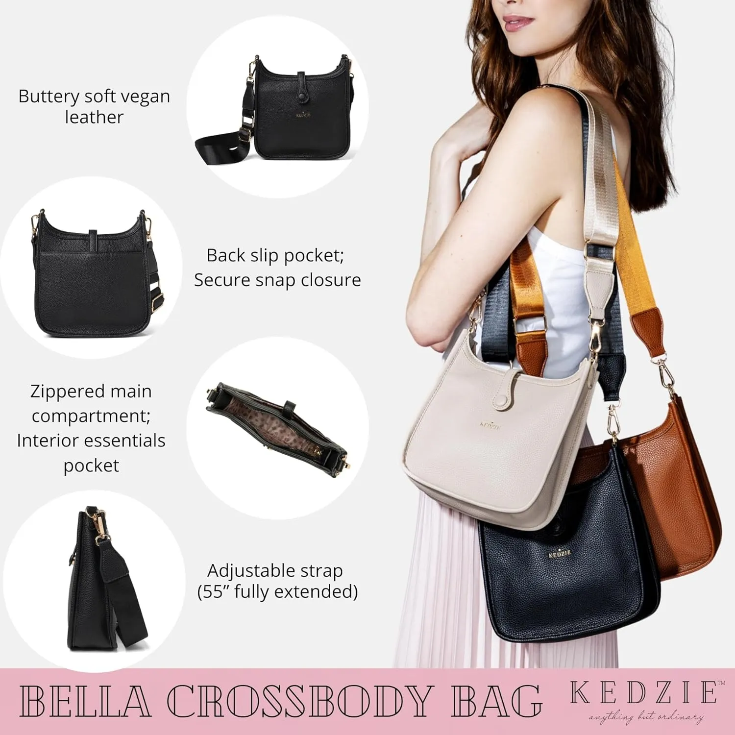 KEDZIE Bella Vegan Leather Crossbody Bag for Women with Adjustable Strap