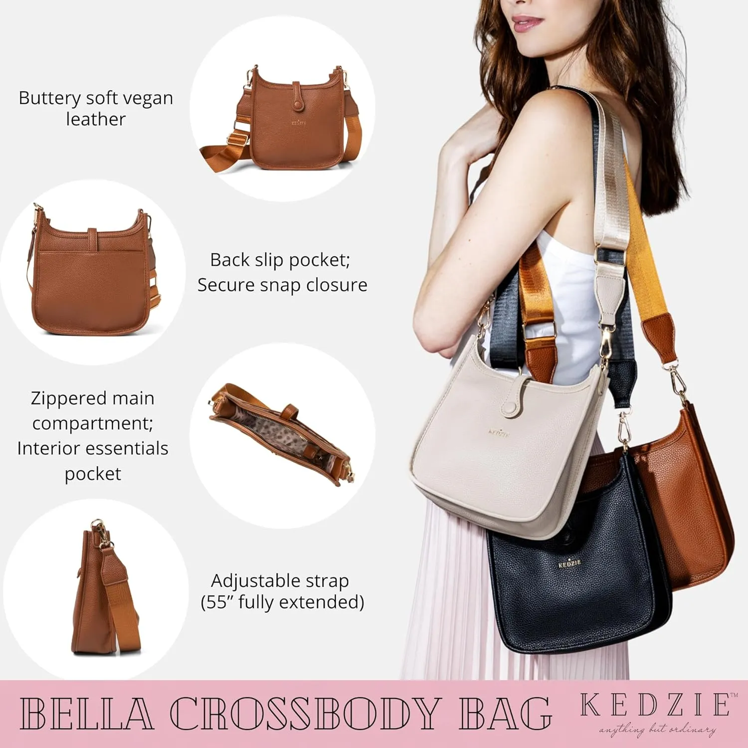 KEDZIE Bella Vegan Leather Crossbody Bag for Women with Adjustable Strap