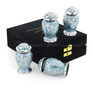 Keepsake Urns Small for Human Ashes Set of 4 | Mini Funeral Cremation Pot with Velvet Box | Cremated Remains Storage Container & Box (Arita Blue)