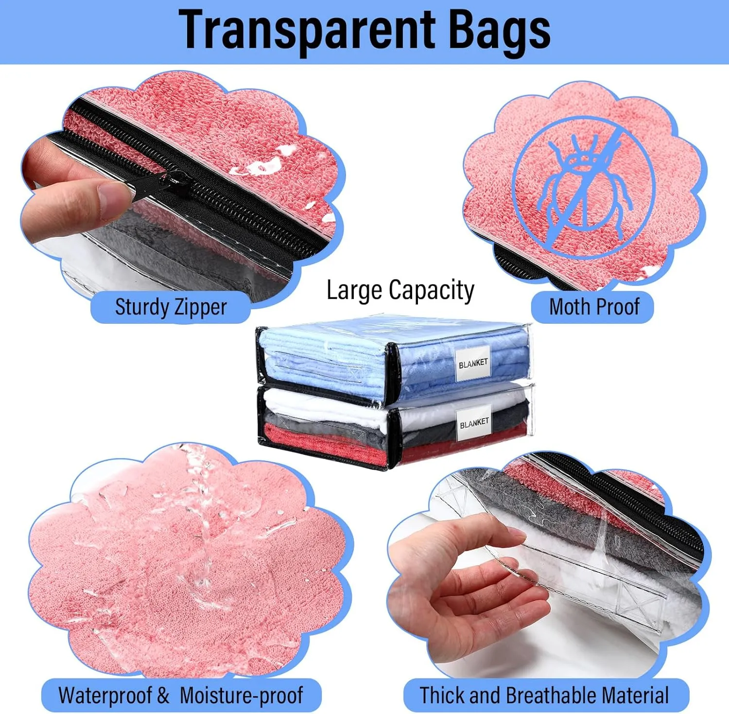 Kenning Set of 20 Clear Vinyl Zippered Storage Bags for Sheet Organizer Plastic Sweater Bags with Handle Pocket for Bed Blanket Throw Pillow(Black,11 x 15 x 4 Inch)
