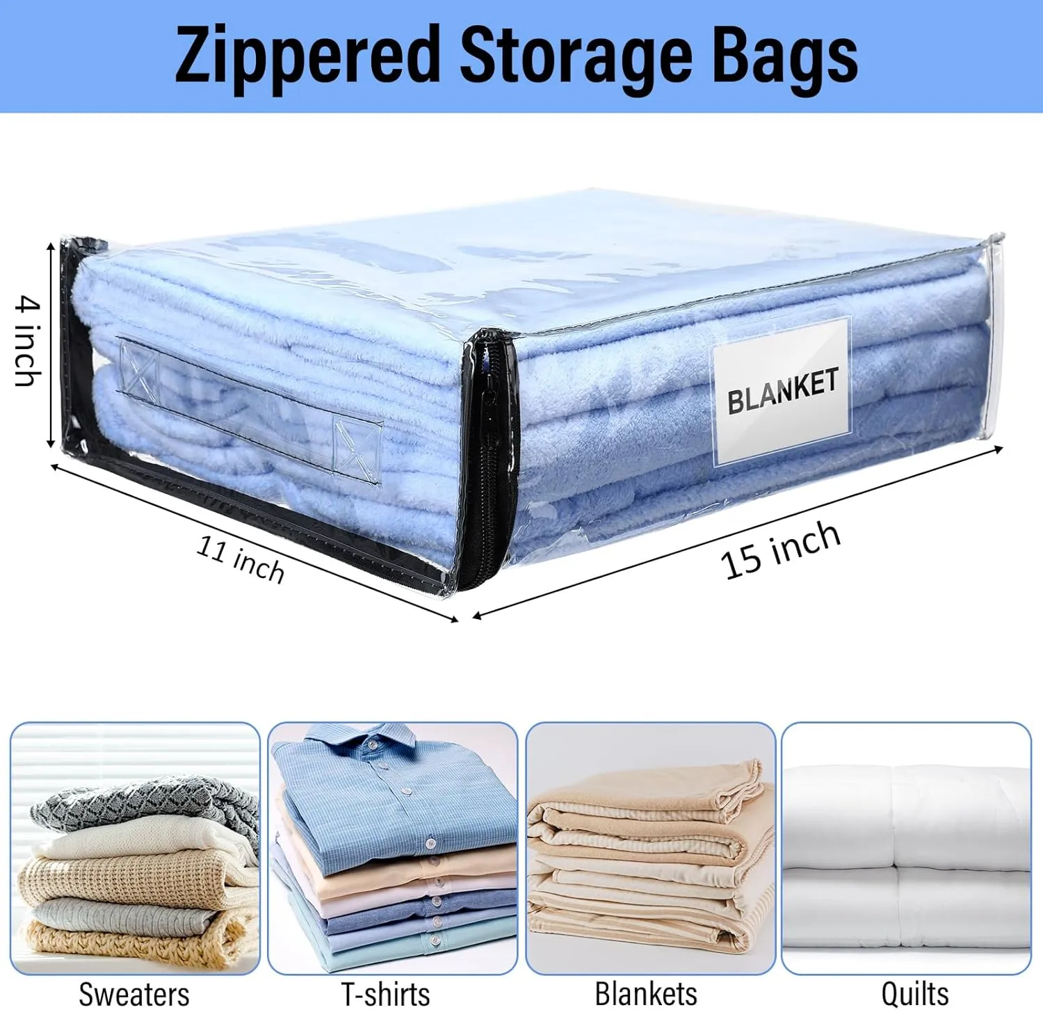 Kenning Set of 20 Clear Vinyl Zippered Storage Bags for Sheet Organizer Plastic Sweater Bags with Handle Pocket for Bed Blanket Throw Pillow(Black,11 x 15 x 4 Inch)
