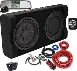 KICKER Enclosure and Amp kit Package of 3 Items - 10" PTRTP 800 Watt Down-Firing Powered Loaded Sub Enclosure, Rear View Mirror with Backup Camera, and Complete 8AWG Wiring Kit