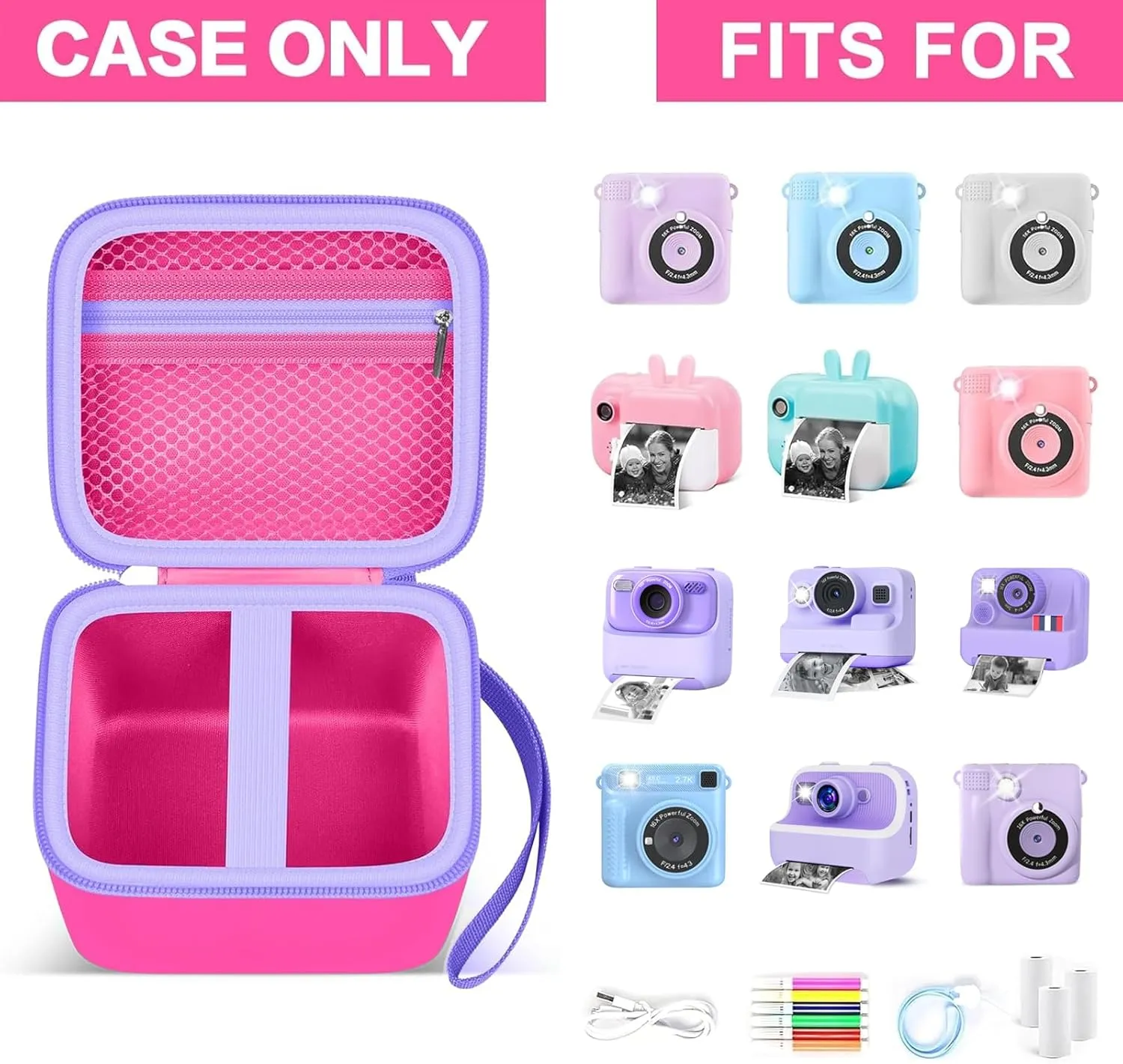 Kids Instant Print Camera Case Compatible with ESOXOFFORE for Dylanto for DUDUDRAGON for GKTZ for Dafotil for Careenoah for Aasonida Toddler Digital Prints Paper Storage Bag (Box Only) Bright Pink