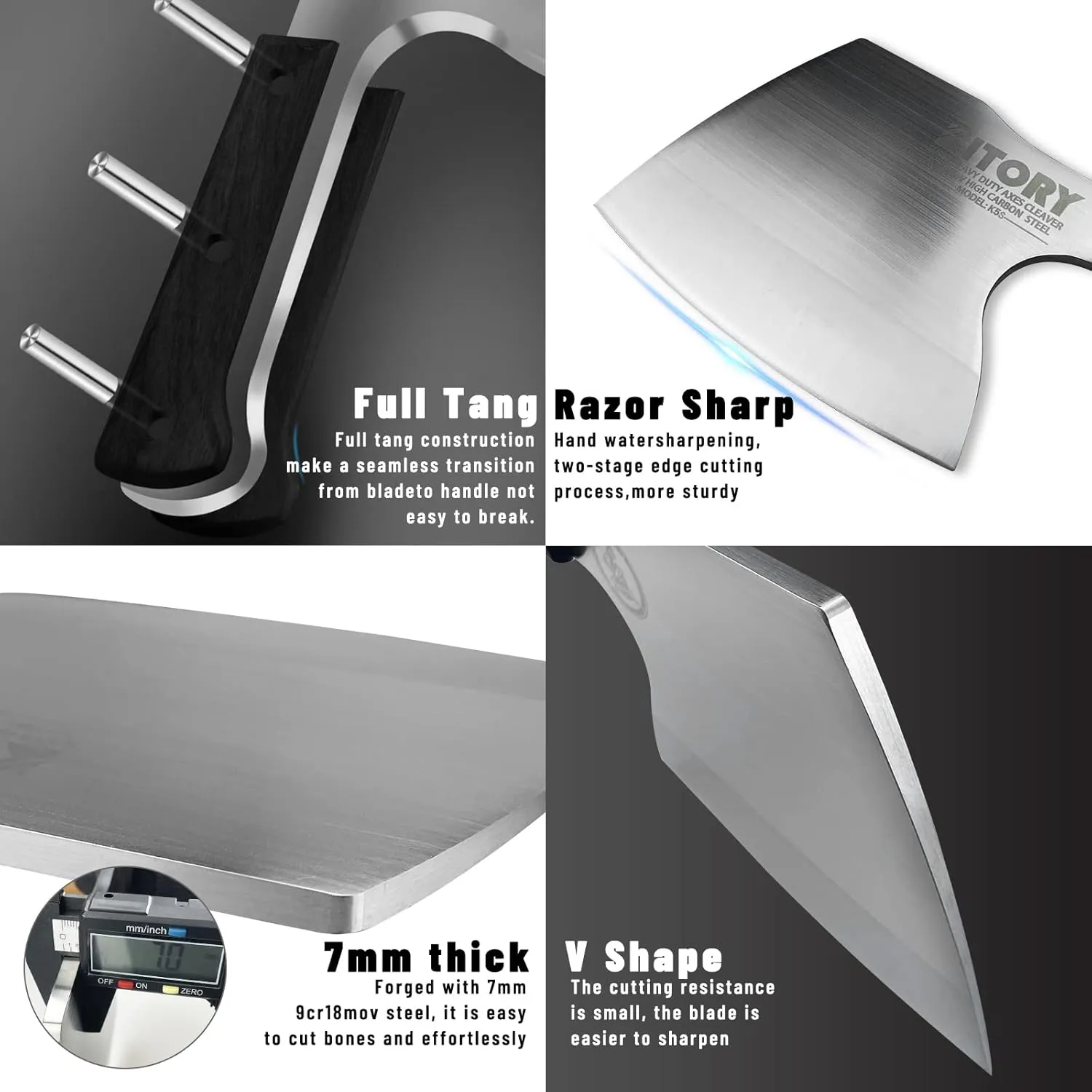 Kitory Meat Cleaver, Super Massive Heavy Duty Axe shape Kitchen Knife for Big Bones Beef Bones and Frozen Meat, bones breaker, Full Tang Butcher Knife, Black Wooden Handle