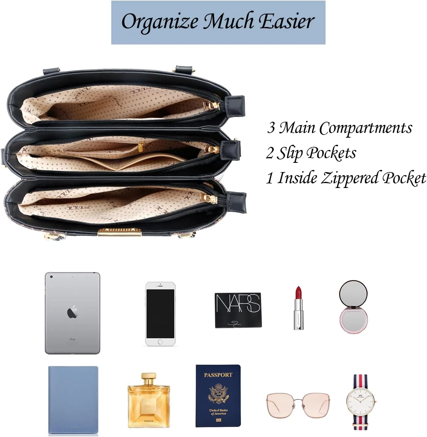 KKXIU 3 Zippered Compartments Purses and Handbags for Women Top Handle Satchel Shoulder Ladies Bags