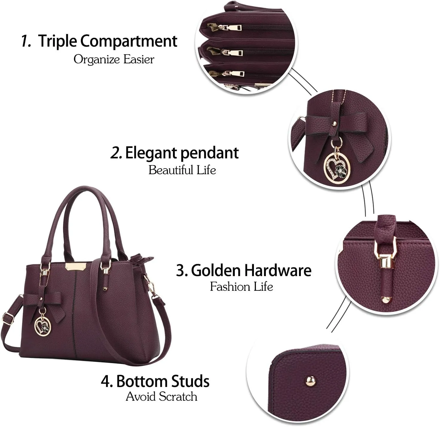 KKXIU 3 Zippered Compartments Purses and Handbags for Women Top Handle Satchel Shoulder Ladies Bags