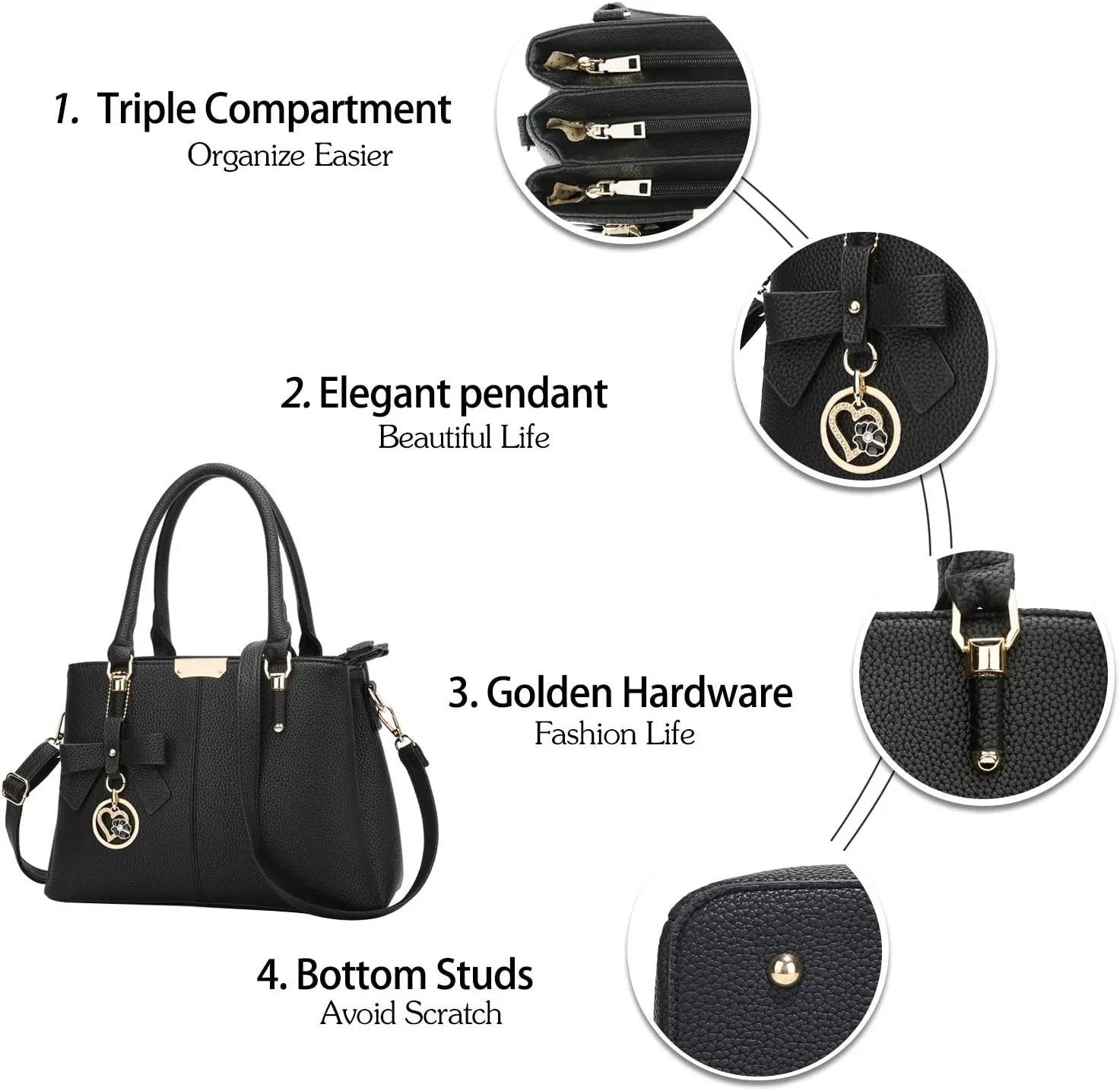 KKXIU 3 Zippered Compartments Purses and Handbags for Women Top Handle Satchel Shoulder Ladies Bags