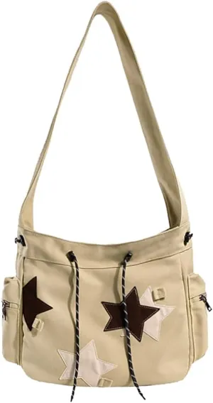 KlaOYer Cute Messenger Bag Canvas Shoulder Bag Star Crossbody Purse Y2K Tote Bag Kawaii Aesthetic Hobo Handbag for Women