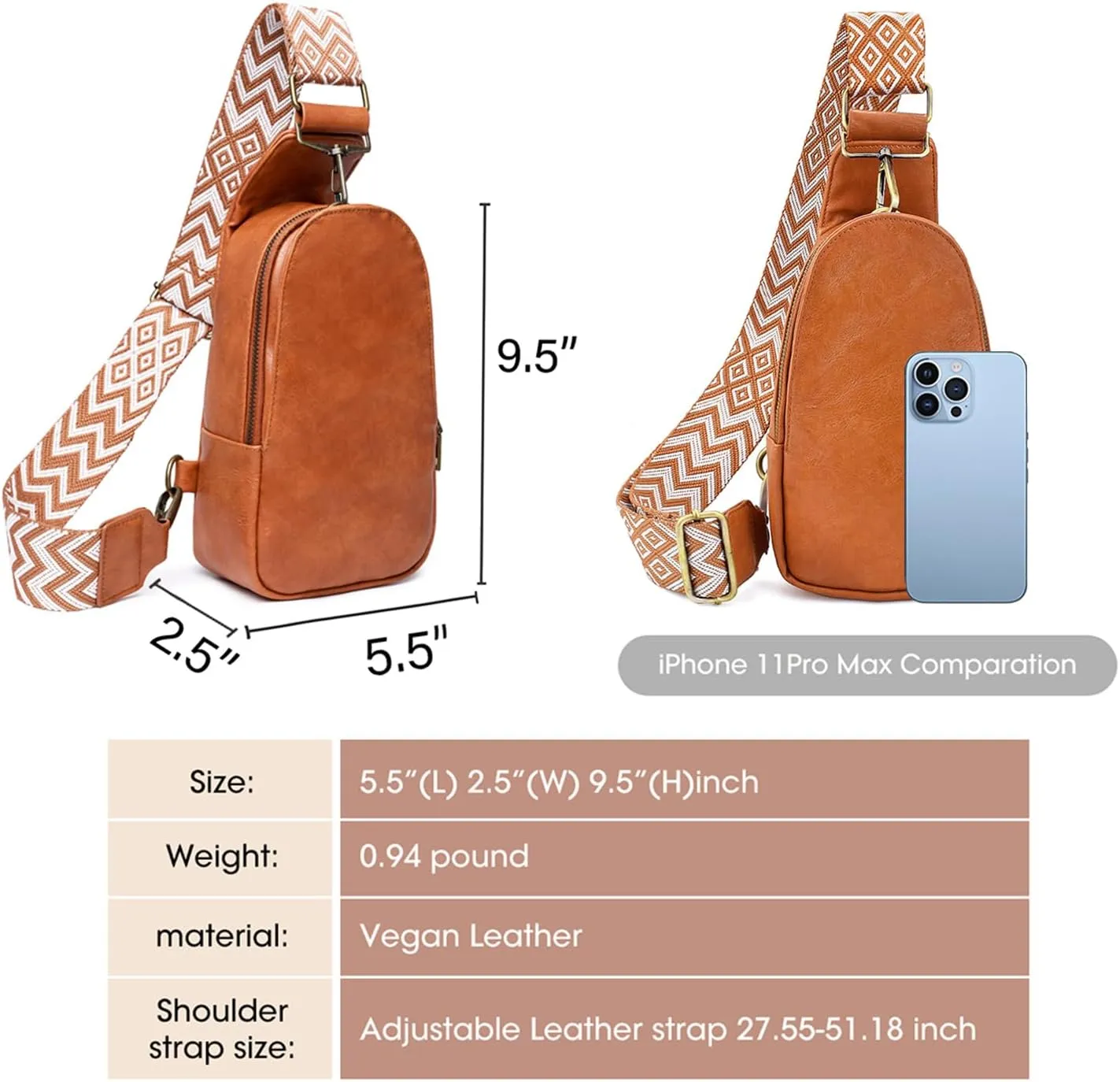 KlaOYer Sling Leather Bags For Women Crossbody Small Fanny Pack Purses Chest Bags With Guitar Strap For Gril Lady