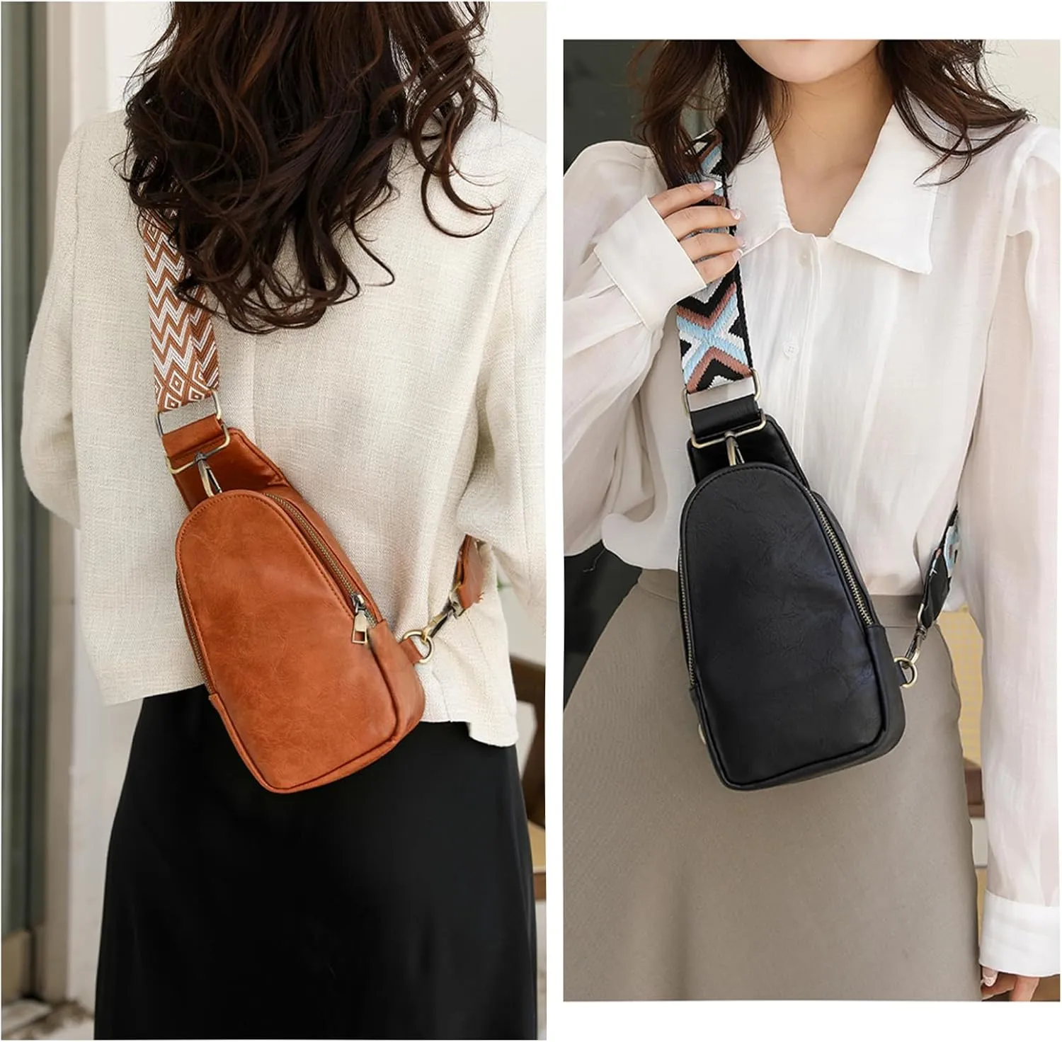 KlaOYer Sling Leather Bags For Women Crossbody Small Fanny Pack Purses Chest Bags With Guitar Strap For Gril Lady