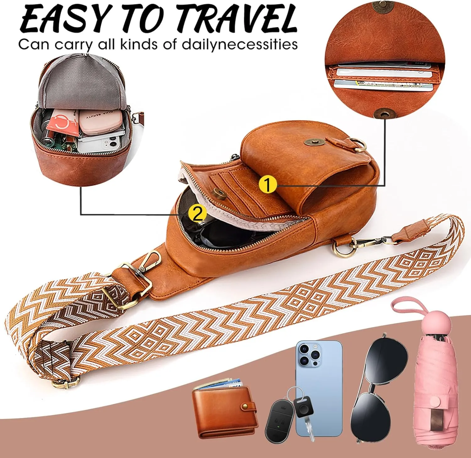 KlaOYer Sling Leather Bags For Women Crossbody Small Fanny Pack Purses Chest Bags With Guitar Strap For Gril Lady