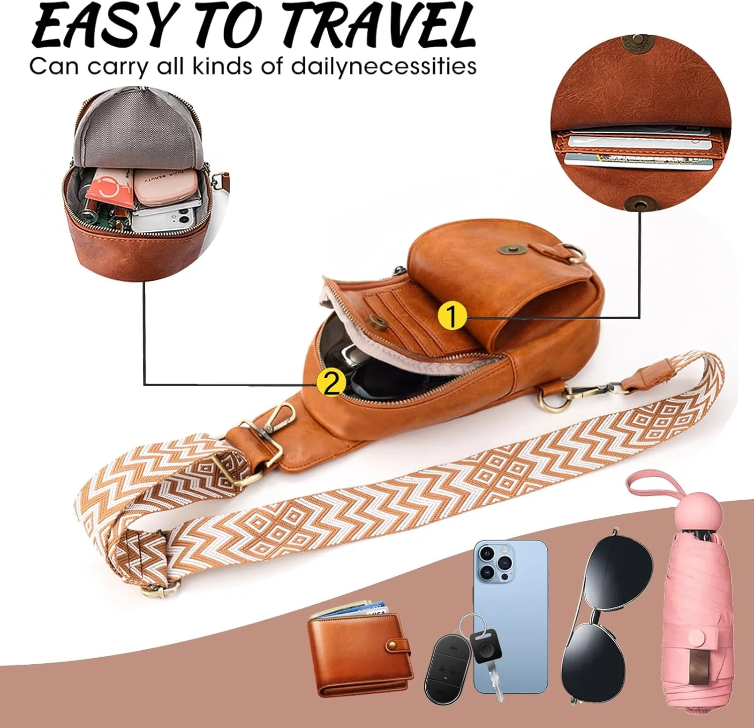 KlaOYer Sling Leather Bags For Women Crossbody Small Fanny Pack Purses Chest Bags With Guitar Strap For Gril Lady