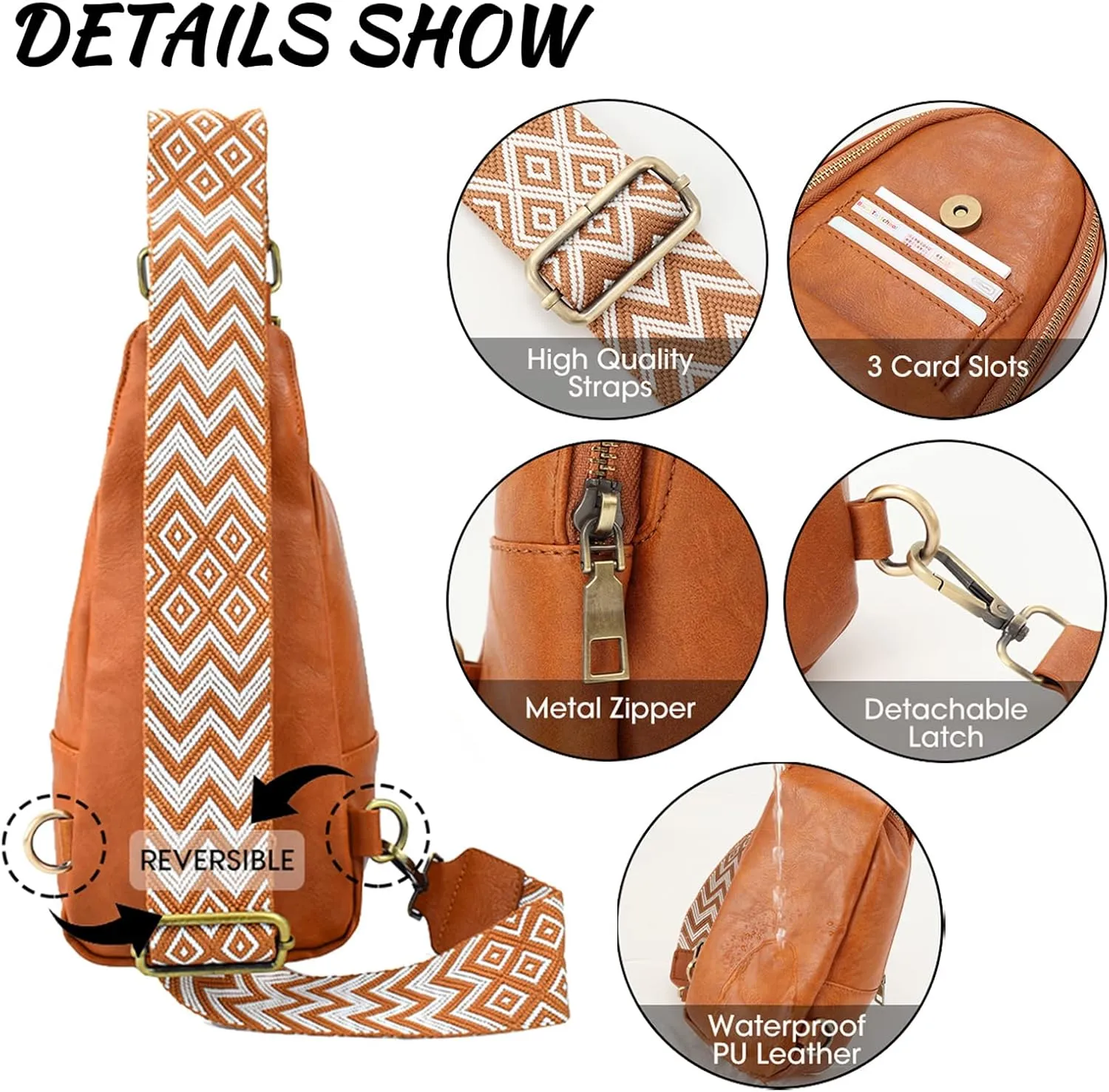KlaOYer Sling Leather Bags For Women Crossbody Small Fanny Pack Purses Chest Bags With Guitar Strap For Gril Lady