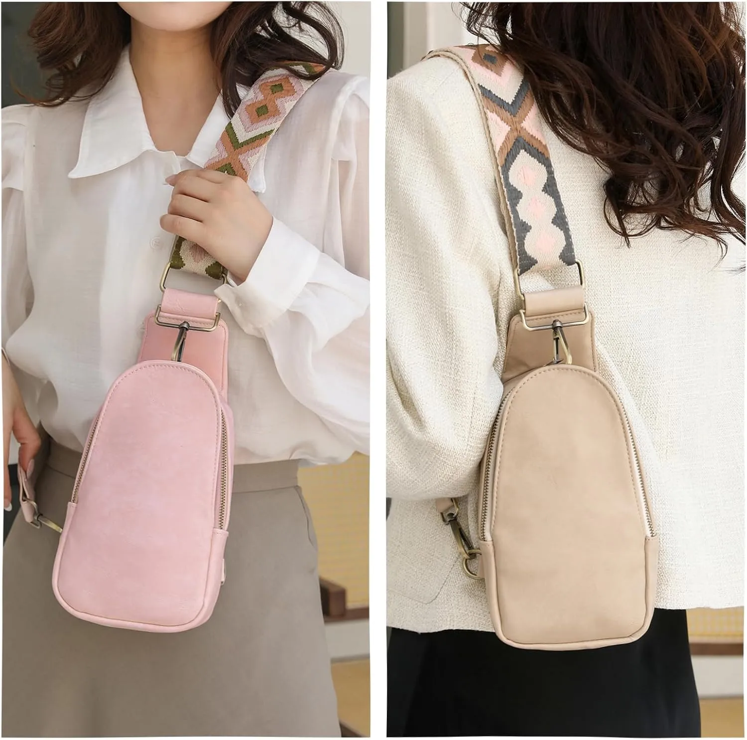 KlaOYer Sling Leather Bags For Women Crossbody Small Fanny Pack Purses Chest Bags With Guitar Strap For Gril Lady