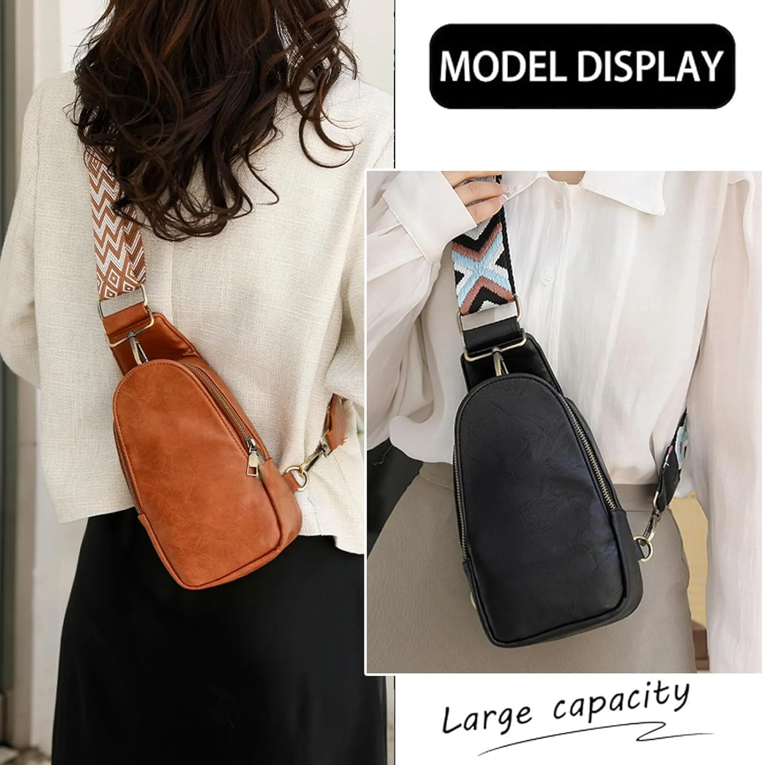 KlaOYer Sling Leather Bags For Women Crossbody Small Fanny Pack Purses Chest Bags With Guitar Strap For Gril Lady