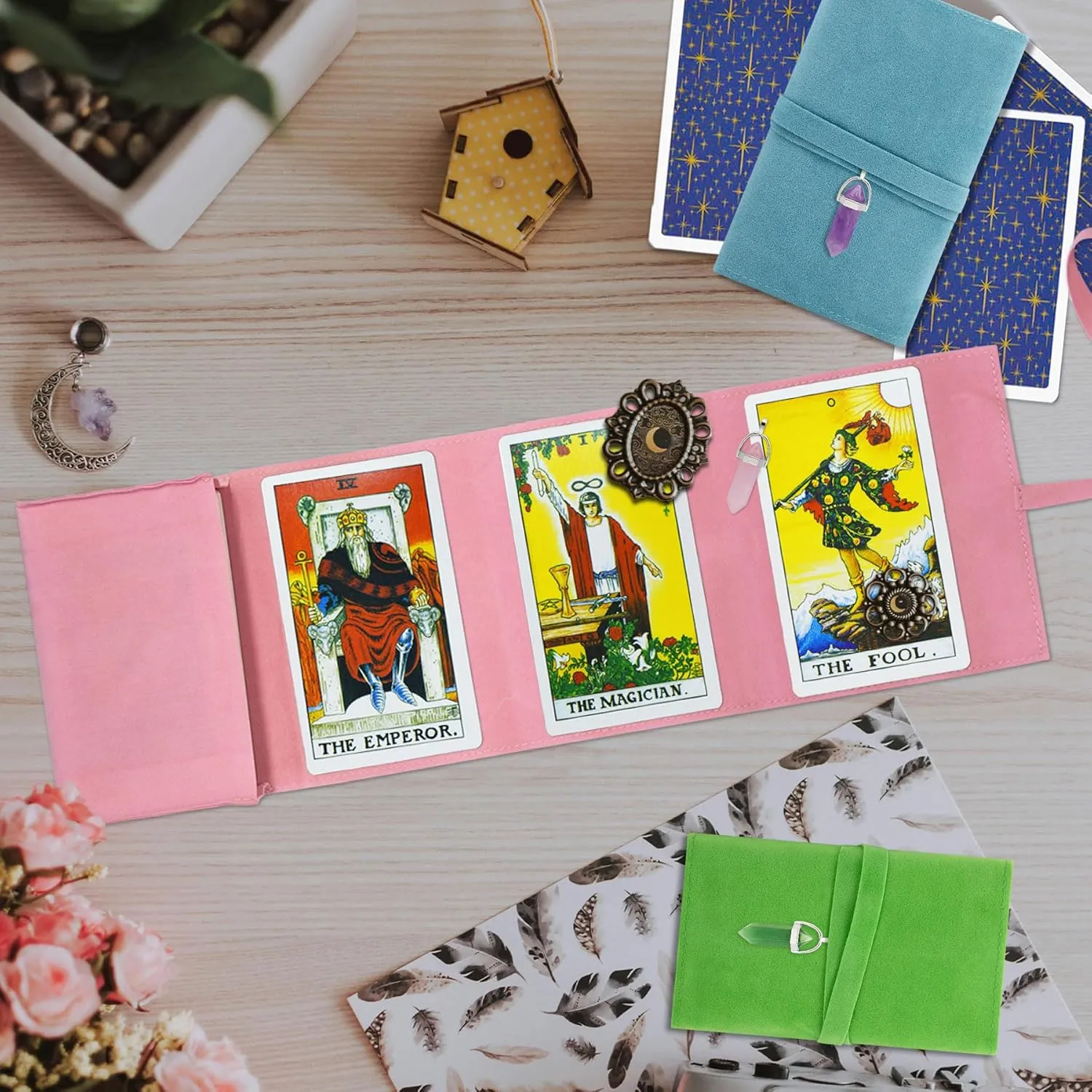 Knana 6Pcs Tarot Card Holder Velvet Tarot Card Bag with Pendulum Crystal Tarot Bags and Pouches Tarot Card Storage Tarot Accessories - Pink, Blue and Green