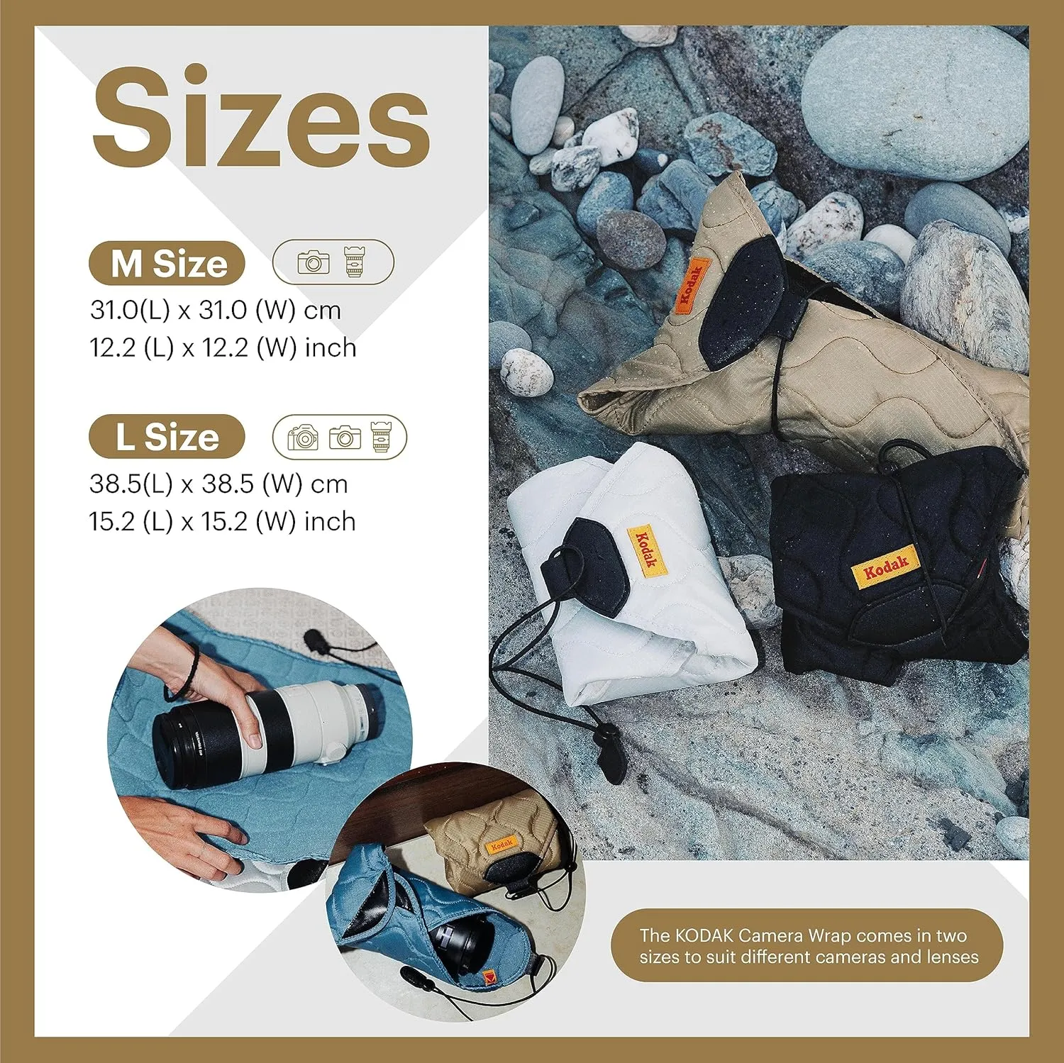 KODAK Camera Wrap Size M 31x31cm - Water-Resistant, Anti-Scratching and Dust-Free Protective Cloth for Mirrorless Camera, Compact Camera, Prime Lens (Light Grey) [ONE Item]