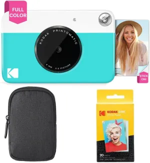 KODAK Printomatic Full-Color Instant Print Camera Starter Bundle   Carrying Case   Zink 20pk Photo Paper - Colorful Photos On 2x3 Sticky-Back Paper - Fun Gift for Birthday Christmas Holiday - Blue