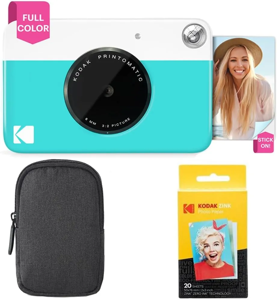 KODAK Printomatic Full-Color Instant Print Camera Starter Bundle   Carrying Case   Zink 20pk Photo Paper - Colorful Photos On 2x3 Sticky-Back Paper - Fun Gift for Birthday Christmas Holiday - Blue