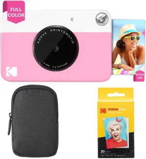 KODAK Printomatic Full-Color Instant Print Camera Starter Bundle   Carrying Case   Zink 20pk Photo Paper - Colorful Photos On 2x3" Sticky-Back Paper - Fun Gift for Birthday Christmas Holiday - Pink
