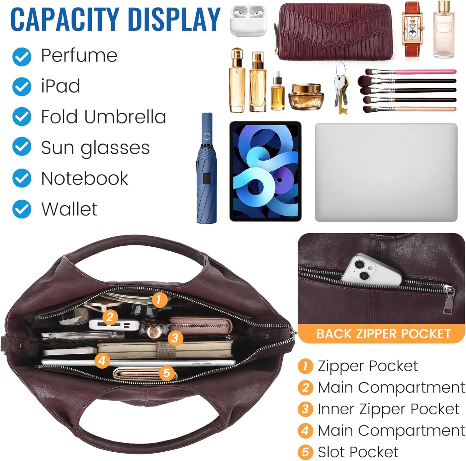 KOGTLA Vegan Leather Purses for Women with Detachable Satchel Strap, Ladies Handbags, Tote Hobo Bags with Top Handle
