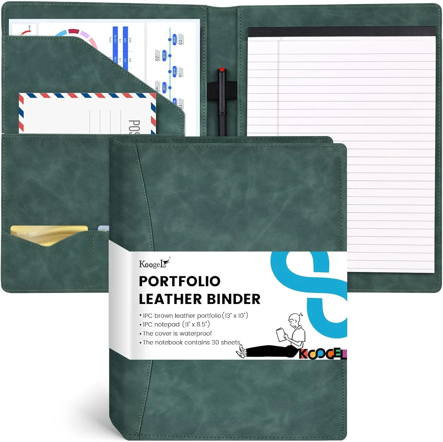 Koogel Padfolio Portfolio Folder, Leather Clipboard Portfolio Binder 13x10 inch Legal Writing Pad for Document Organizer Business Notepad Clip Boards for Office School Conference Meeting, Dark Green