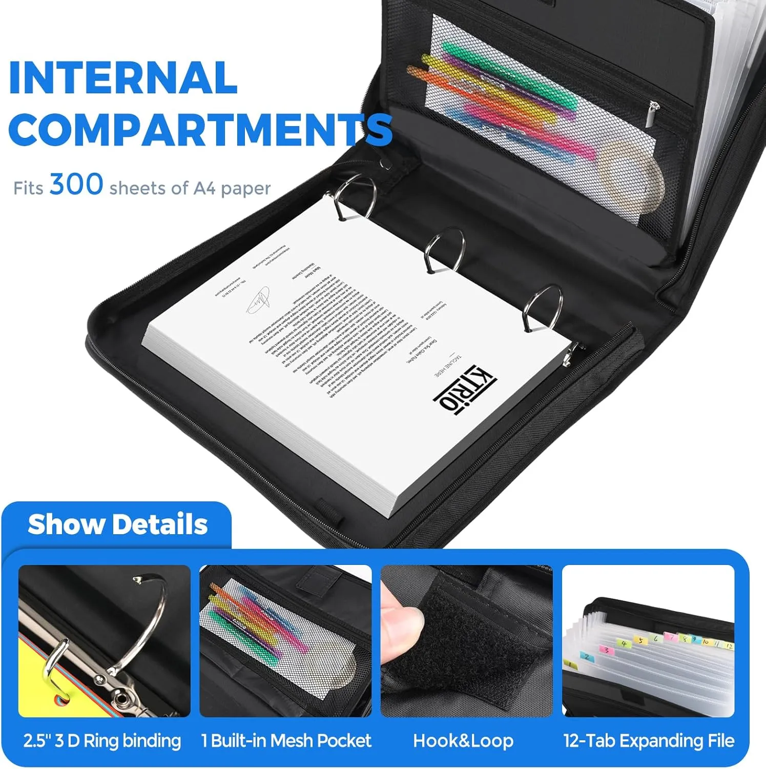 KTRIO Zipper Binder, Zippered Binder Bag with Handle and Shoulder Strap, Binder with 12 tabs, 2.5" 3 D Ring Zip Up Binder, Multi Pocket Organizer Binder, 300 Sheet Capacity, Black