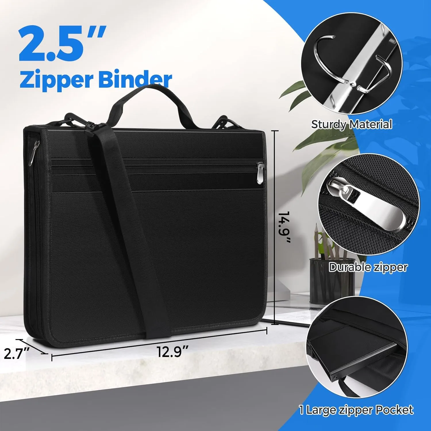 KTRIO Zipper Binder, Zippered Binder Bag with Handle and Shoulder Strap, Binder with 12 tabs, 2.5" 3 D Ring Zip Up Binder, Multi Pocket Organizer Binder, 300 Sheet Capacity, Black