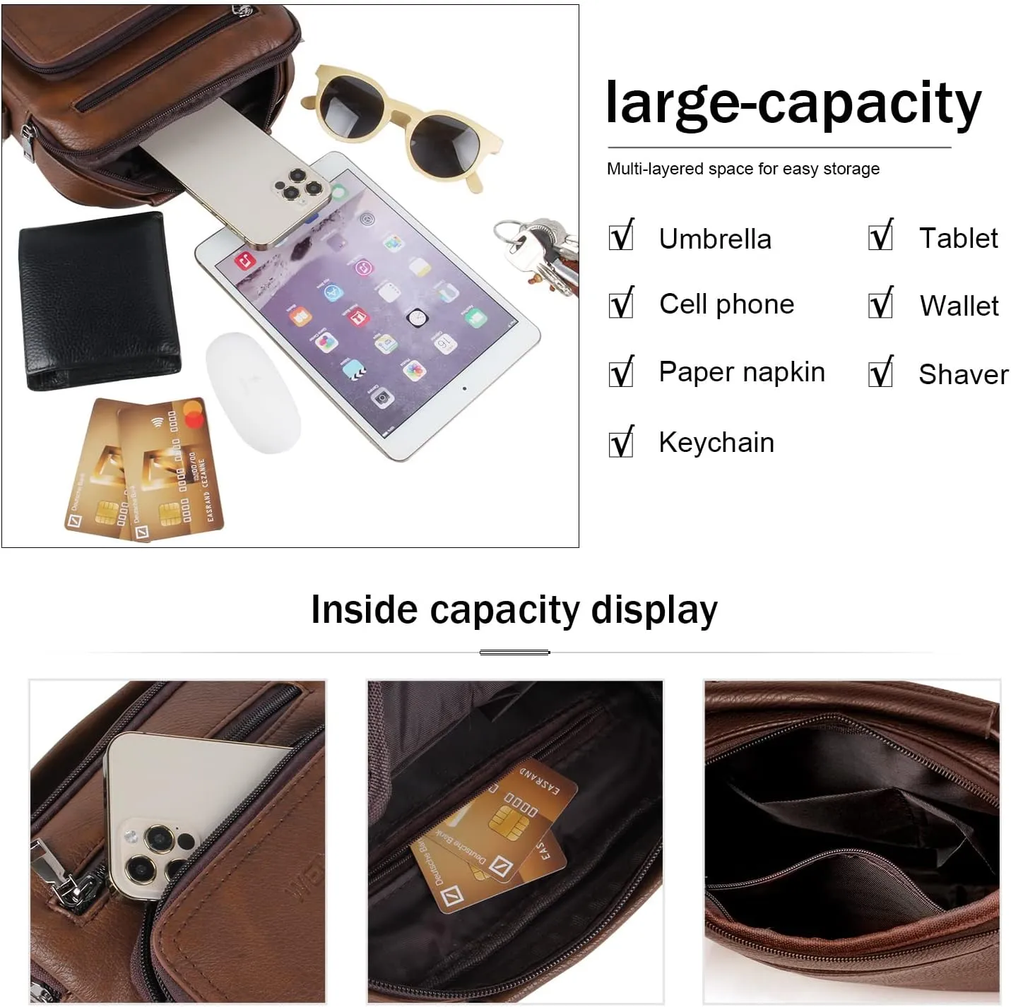 KUANG! Men's Shoulder Bag PU Leather Business Messenger Bag Briefcase Travel Crossbody Multi Pockets Handbag Purse