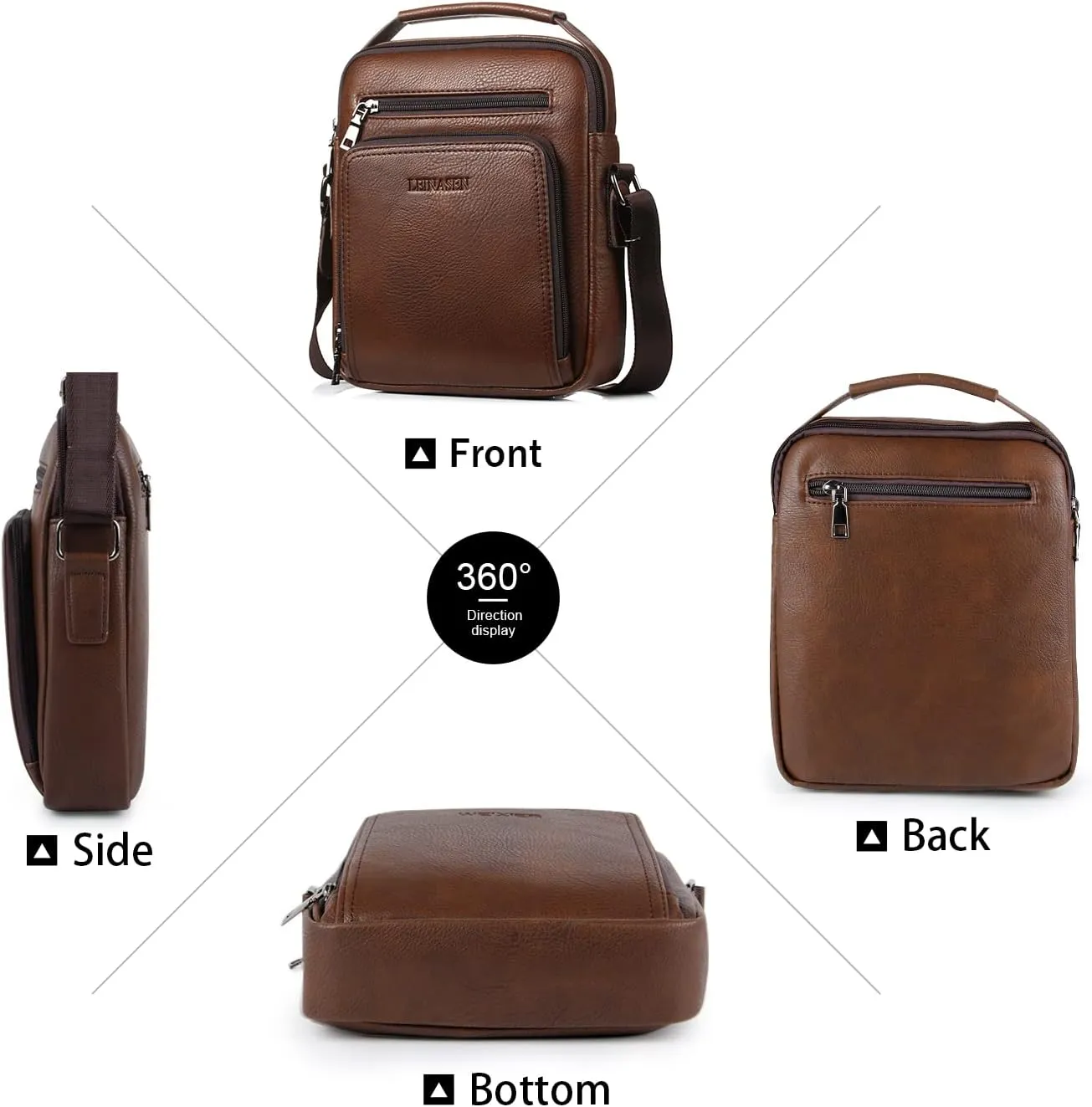 KUANG! Men's Shoulder Bag PU Leather Business Messenger Bag Briefcase Travel Crossbody Multi Pockets Handbag Purse