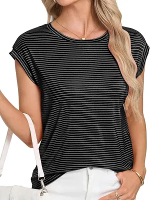 LA BAISEO Womens Casual Cap Short Sleeve Striped Tops Summer Open Back T-Shirts Crew Neck Basic Shirts