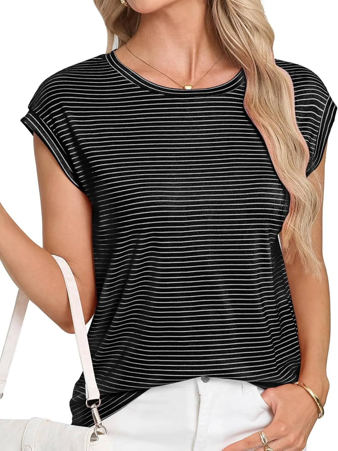 LA BAISEO Womens Casual Cap Short Sleeve Striped Tops Summer Open Back T-Shirts Crew Neck Basic Shirts