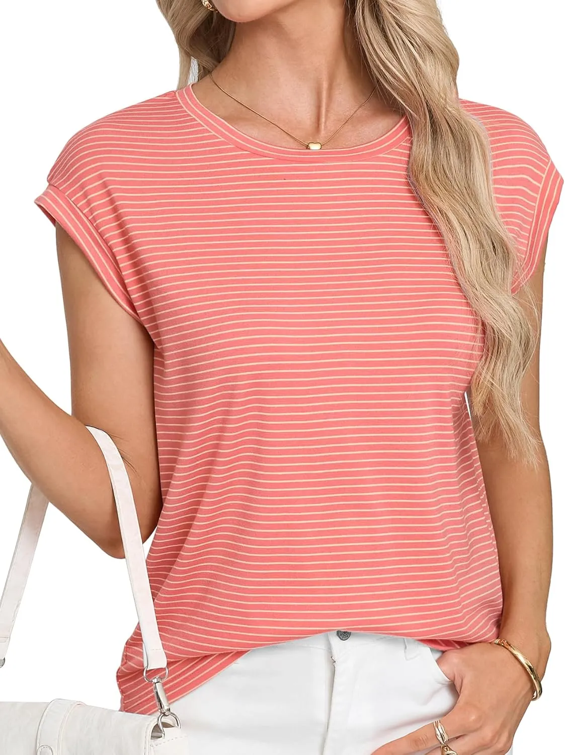 LA BAISEO Womens Casual Cap Short Sleeve Striped Tops Summer Open Back T-Shirts Crew Neck Basic Shirts