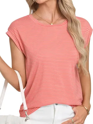 LA BAISEO Womens Casual Cap Short Sleeve Striped Tops Summer Open Back T-Shirts Crew Neck Basic Shirts