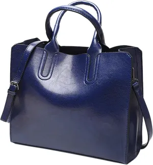 Ladies Shoulder Bag Fashion Solid Color Vintage Zipper Large Capacity Shoulder Handbag Leather Bags (Blue, One Size)