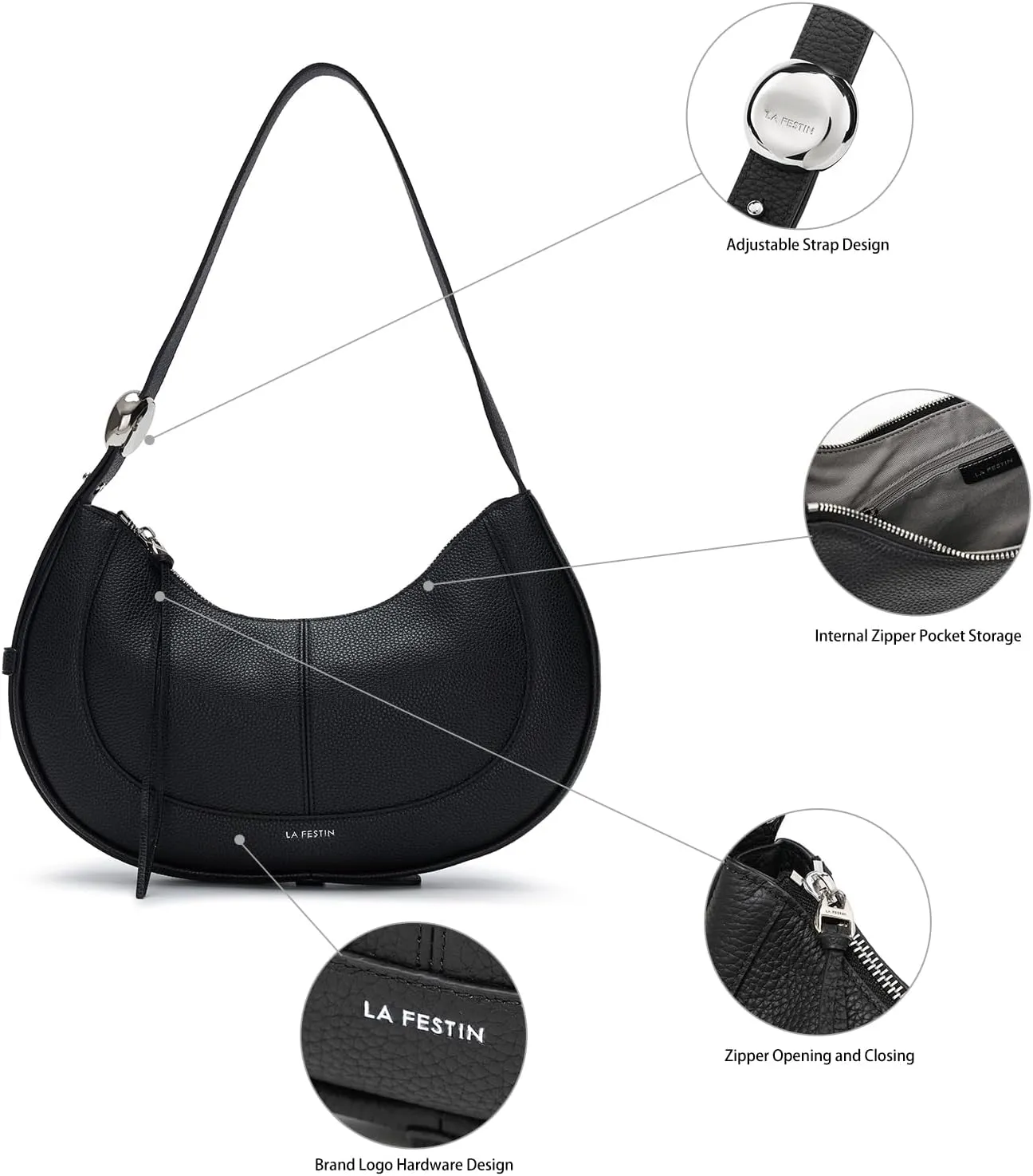 LAFESTIN Shoulder Bag for Women with Adjustable Strap Split Leather Crescent Crossbody Bags, Designer Trendy Satchel Purses