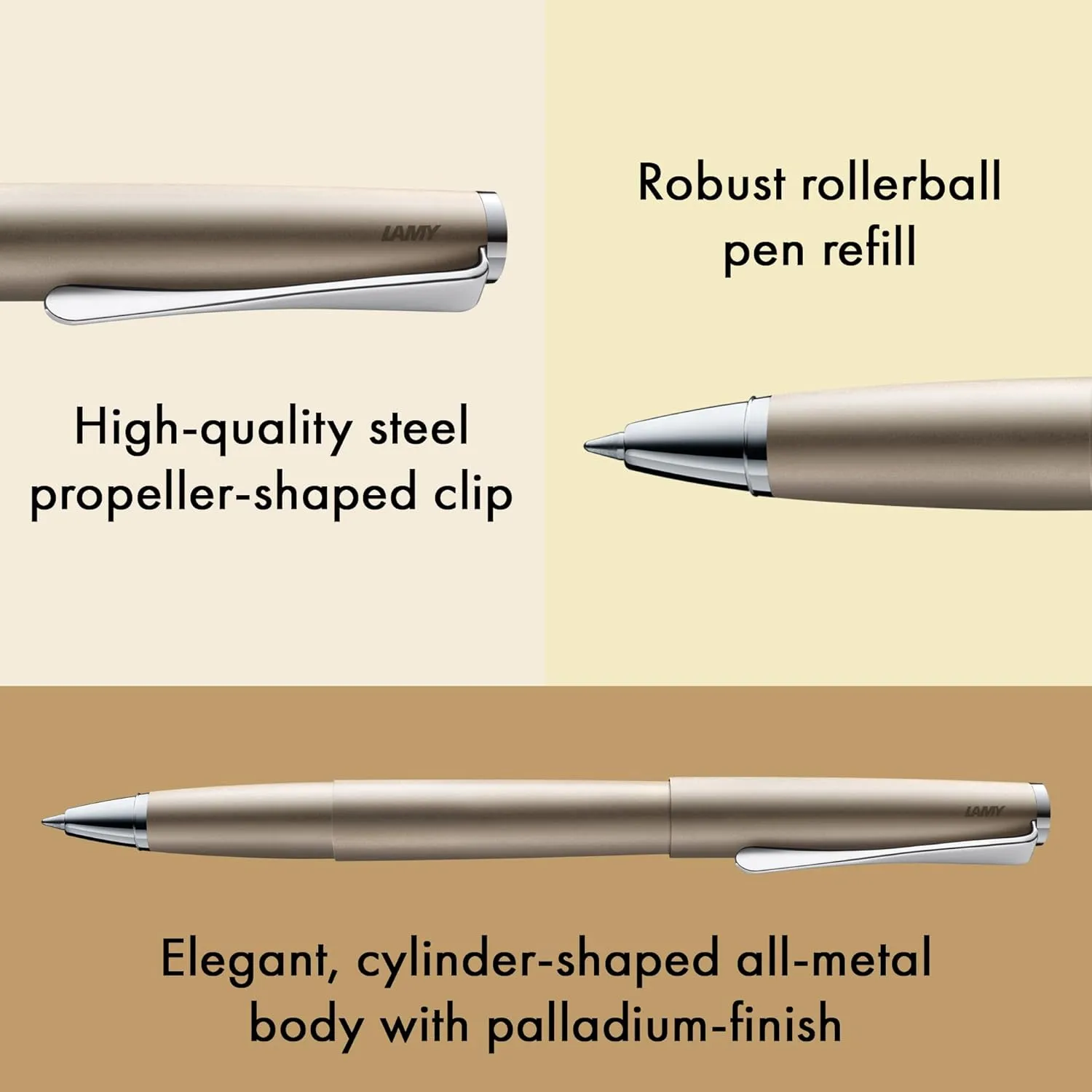 Lamy studio Palladium - rollerball pen in elegant metal barrel - with propeller-shaped clip & in line width M M 63 rollerball refill in black