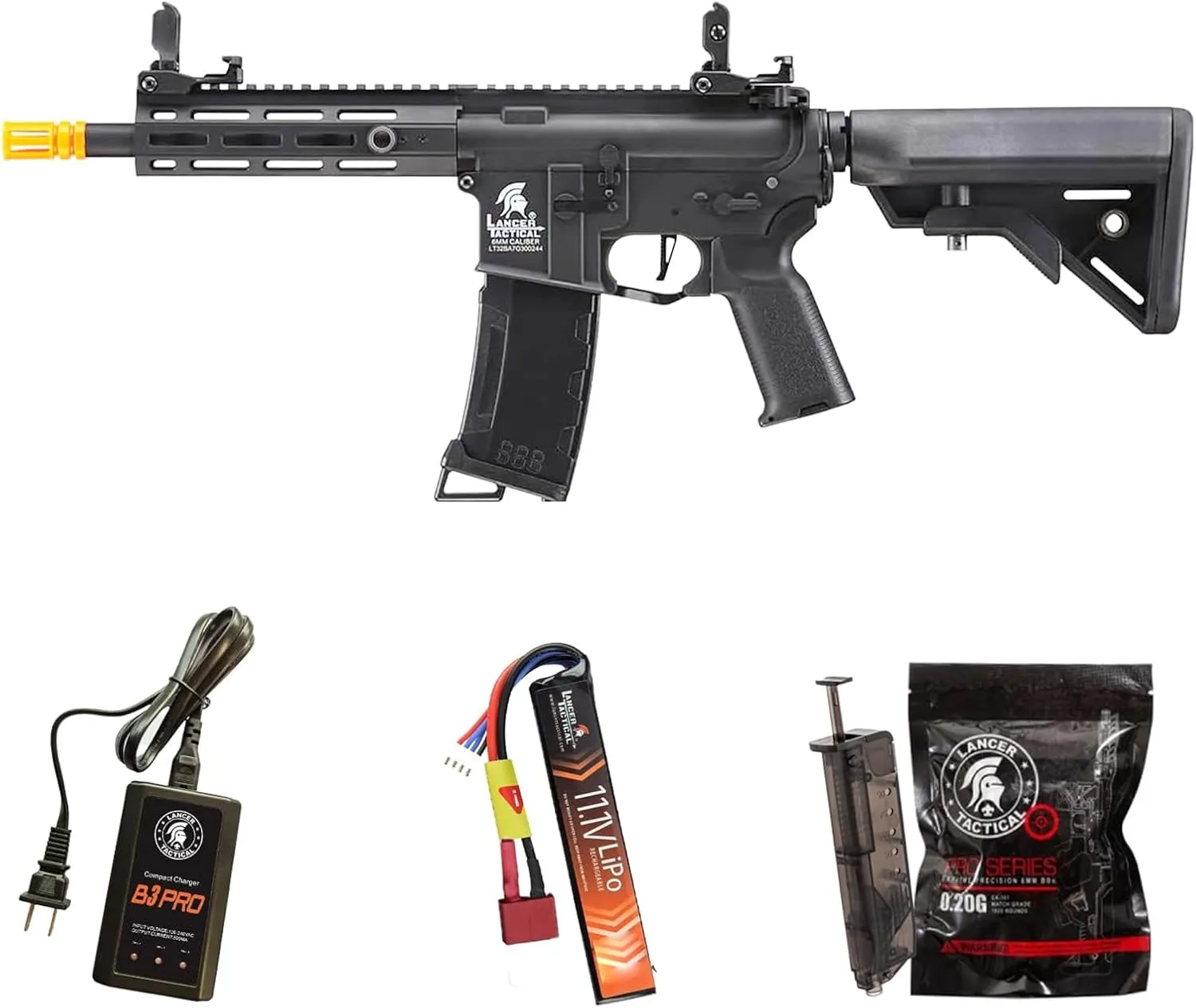 Lancer Tactical Gen 3 Programmable Trigger Hellion MLOCK 7" Lightweight Durable Polymer M4 Airsoft MLOK AEG with Lipo Battery & Charger (ETU & MOSFET Included)