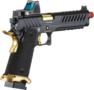 Lancer Tactical Knightshade Hi-Capa Gas Blowback Airsoft Pistol with Red Dot Reflex Sight (Black/Gold)