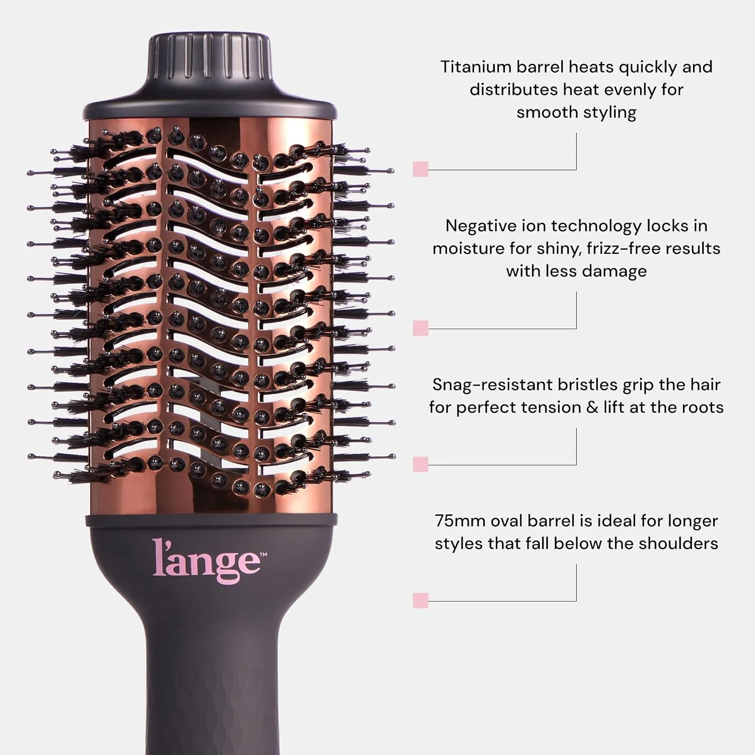 L'ANGE HAIR Le Volume 2-in-1 Titanium Brush Dryer Black | 75 MM Hot Air Blow Dryer Brush in One with Oval Barrel | Hair Styler for Smooth, Frizz-Free Results for All Hair Types (Black - 75MM)