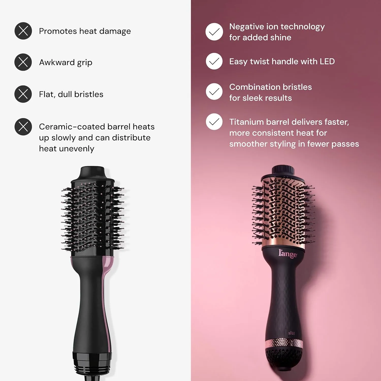 L'ANGE HAIR Le Volume 2-in-1 Titanium Brush Dryer Black | 75 MM Hot Air Blow Dryer Brush in One with Oval Barrel | Hair Styler for Smooth, Frizz-Free Results for All Hair Types (Black - 75MM)