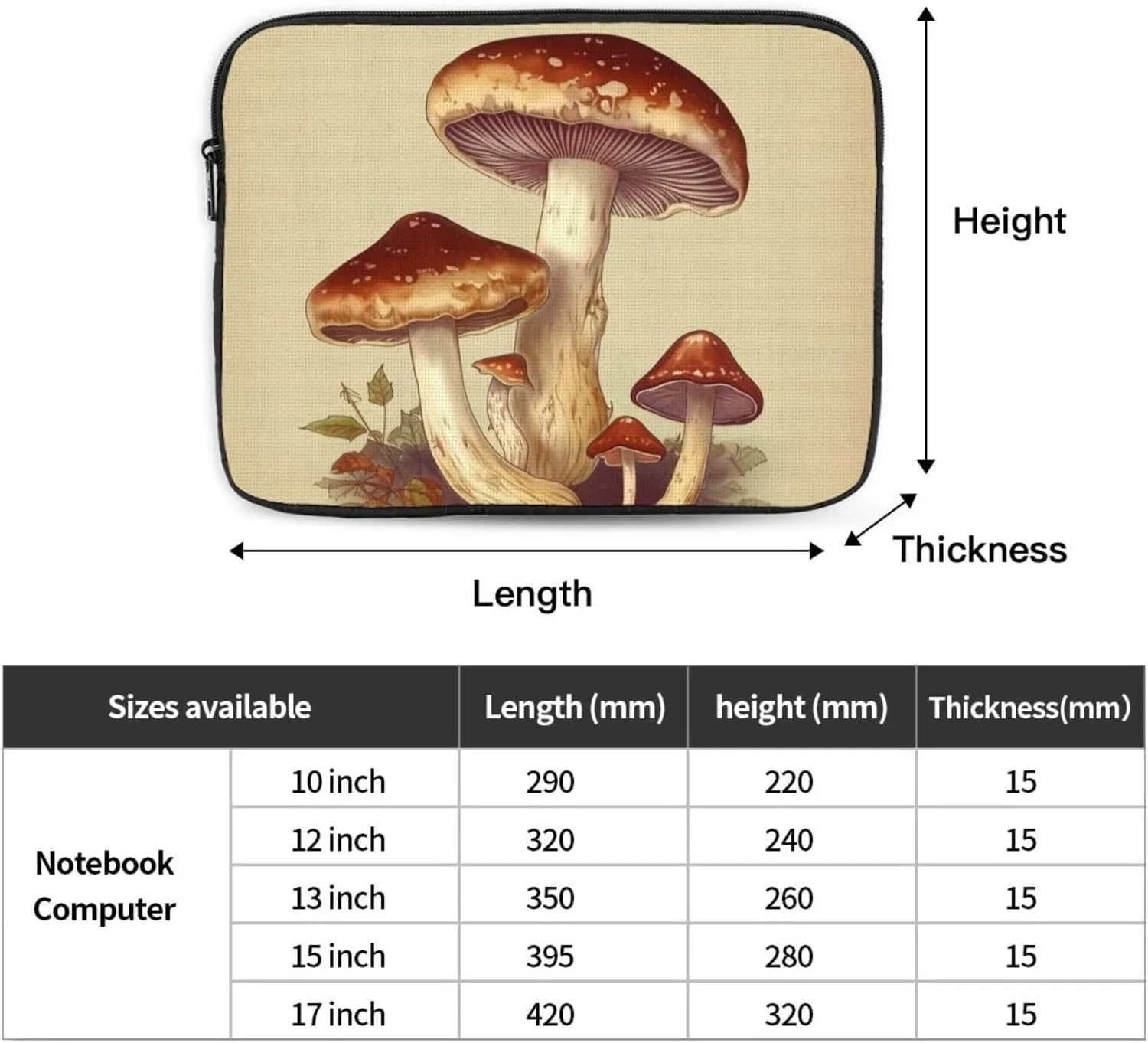 Laptop Sleeve Bag Durable Shockproof Protective Laptop Case Vintage Edible Mushrooms Computer Carrying Cover Briefcase 17 inch