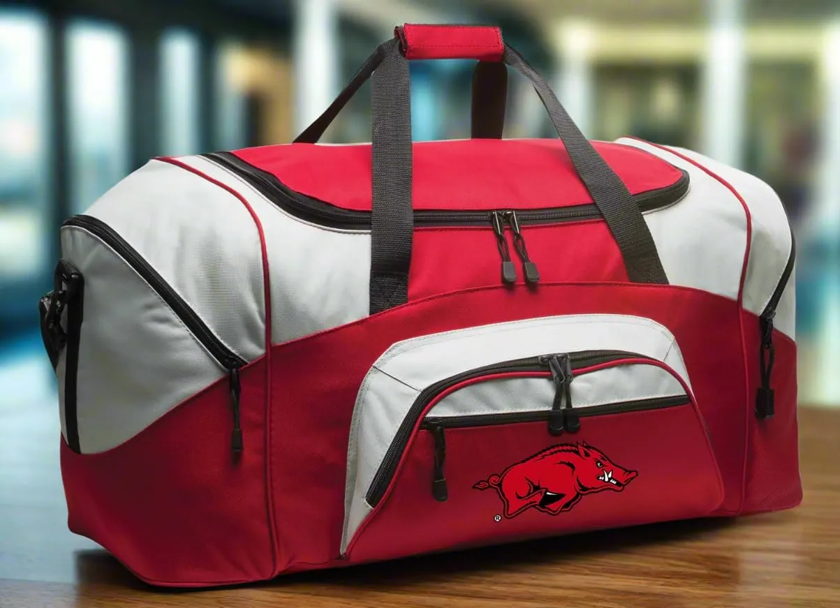 LARGE Arkansas Razorbacks Duffel Bag University of Arkansas Suitcase or Gym Bag For Men Or Her (Arkansas Logo, Red)
