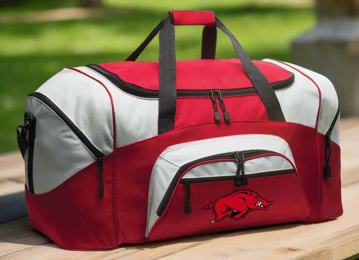 LARGE Arkansas Razorbacks Duffel Bag University of Arkansas Suitcase or Gym Bag For Men Or Her (Arkansas Logo, Red)