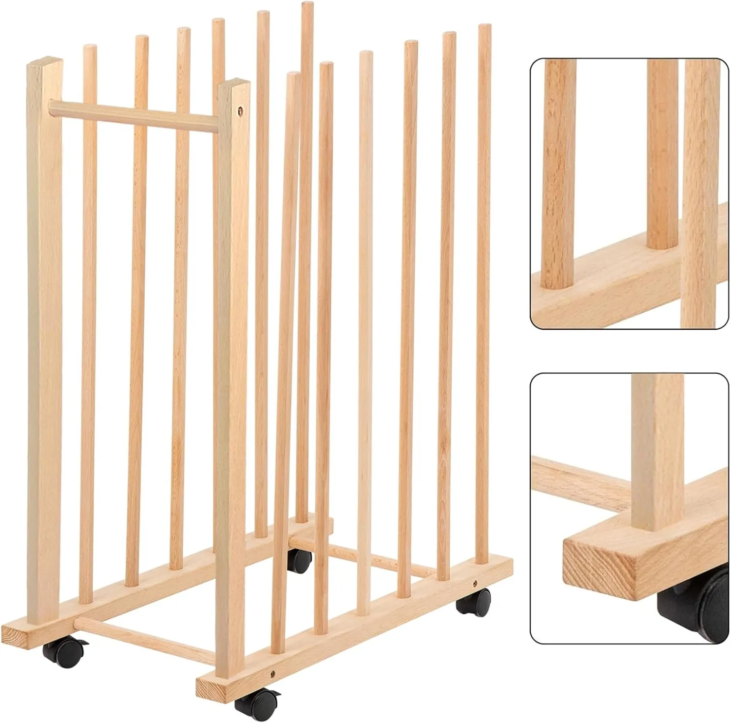 Large Art Drying Rack with Four Caster Wheels and Handle - Solid Wooden Canvas Storage Stand for Drawing Boards, Frames, Panels, Paintings, and Artworks Display
