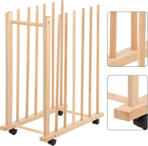 Large Art Drying Rack with Four Caster Wheels and Handle - Solid Wooden Canvas Storage Stand for Drawing Boards, Frames, Panels, Paintings, and Artworks Display