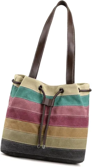 Large Capacity Canvas Tote Bag Women Multicolor Striped Lattice Shoulder Bucket Purse Colorful Hobo Handbags for Work Travel